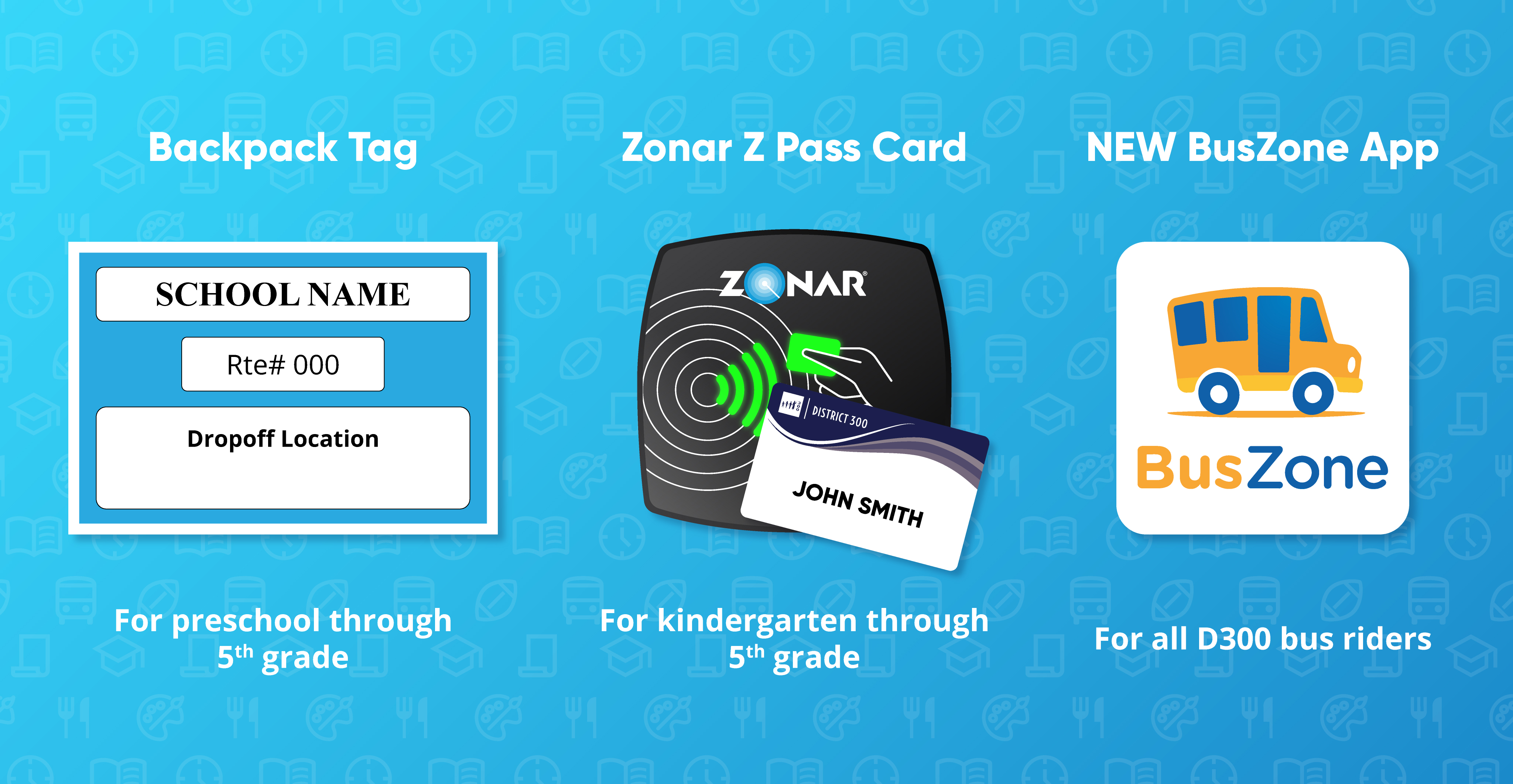 Backpack tag, Zonar Z Pass Card, New BusZone App